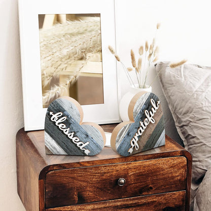 2 Pcs Rustic Wooden Heart Block Home Decor, Grateful Style | Decoration for Shelves, Table Centerpiece for Mantel, Blessed Blue Accent, Decorative Plaques for Home Living Room Gift5
