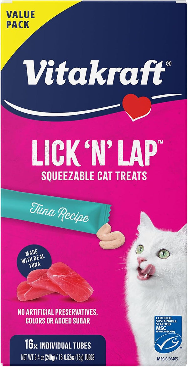 Vitakraft Lick 'N' Lap Real Salmon Squeezeable Liquid Cat Treats, Lickable, Salmon Broth #1 Ingredient, No Artificial Colors, Preservatives or Added Sugar, for Hydration, 0.52 Oz. Tubes, 16 Count19