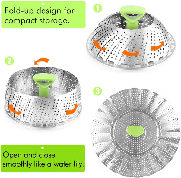 Vegetable Steamer Basket for Cooking Food, Stainless Steel Veggie Steam Basket for Pot, Folding Expandable Steaming Insert with Extendable Handle Fits Various Size Pot, 5.1" to 9"3