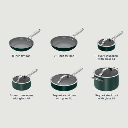Ninja Ceramic Pro 10-Piece Cookware Set, Nonstick Pots & Pans Set with Glass Lids, Nontoxic, PTFE Free, Ceramic Coated, Oven Safe, All Stovetops & Induction Compatible, British Racing Green, CW39010GN11