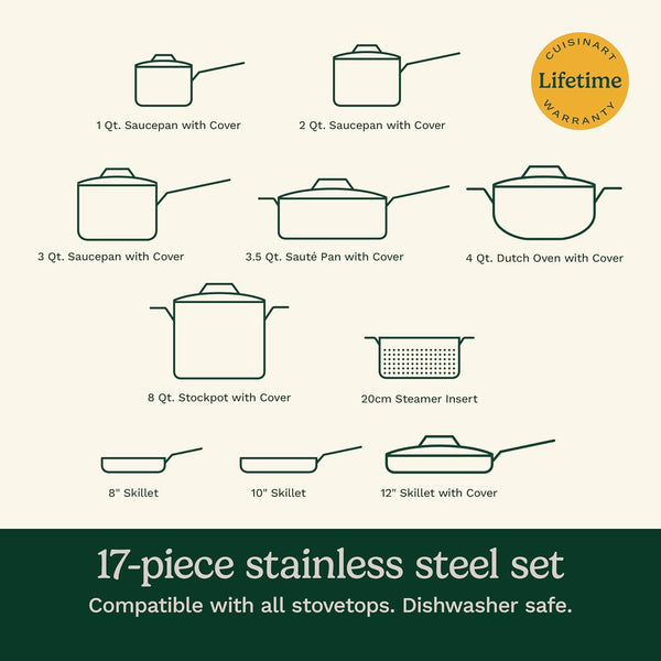 17-Piece Stainless Steel Cookware Set, Chef'S Classic Steel Collection with Pure Aluminum Core for Quick and Even Heat, Cool Grip Handles, Dishwasher Safe, 77-17N | Dishwasher-Safe Stainless Steel Pans and Pots with Riveted Handles & Aluminum Core for Even Heat, Oven Safe to 500°F, 77-17N7