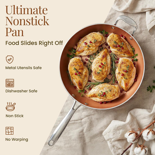 Hammered Copper 14 Inch Non Stick Frying Pan with Lid, Nonstick Frying Pan with Ceramic Coating and Induction Plate for Even Heating, Oven / Dishwasher Safe, 100% Healthy & Non Toxic | Extra Large Skillet, Induction Compatible, PFOA/PFOS/PTFE Free Ceramic Coating, Stay-Cool Handle, Oven & Dishwasher Safe5