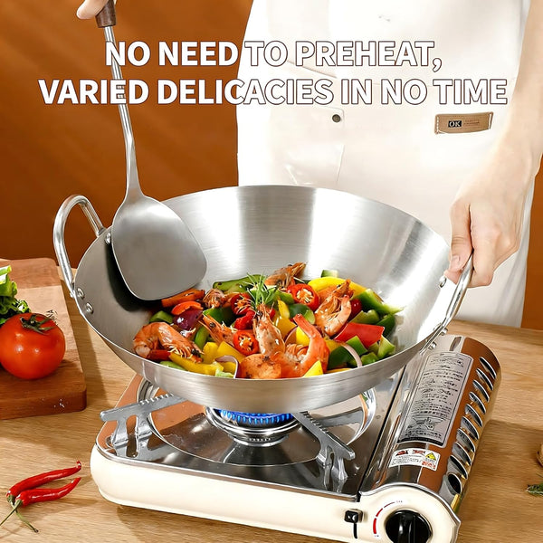 Stainless Steel Wok round Bottom Frying Pan Double Handle Heated Evenly Portable Cookware Traditional Tableware Cooking Pot Wok for Kitchen Outdoor,38Cm2