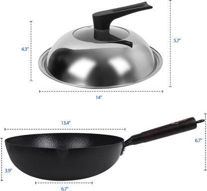 13.4 Inch Carbon Steel Wok for Electric, Induction and Gas Stoves (Lid, Spatula and User Guide Video Included)6