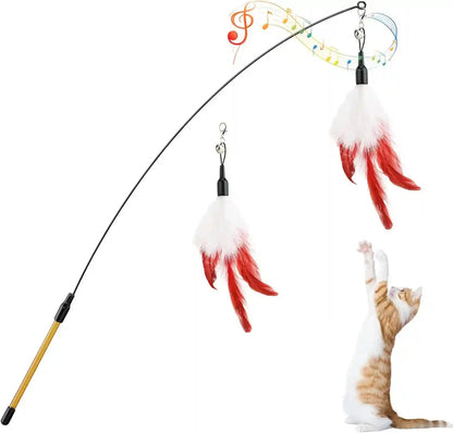 Pawaboo Feather Teaser Cat Toy - Interactive Wand with Extra Long 34.5" Wand and Small Bell, Fun Exerciser Playing Toy for Kittens or Cats, Brown Feather18