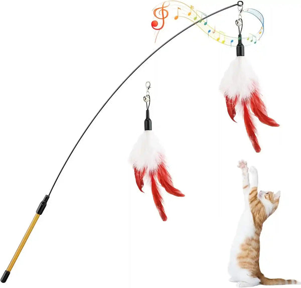 Pawaboo Feather Teaser Cat Toy - Interactive Wand with Extra Long 34.5" Wand and Small Bell, Fun Exerciser Playing Toy for Kittens or Cats, Brown Feather18