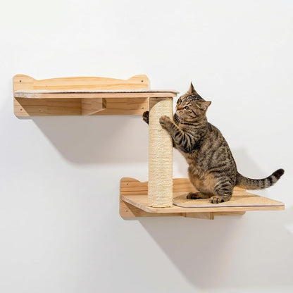 Cat Wall Shelves, 2-Tier Cat Shelves with Sisal Scratching Post, Sisal Mat Solid Pine Wood Wall Mounted Cat Climbing Furniture, Modular Design1