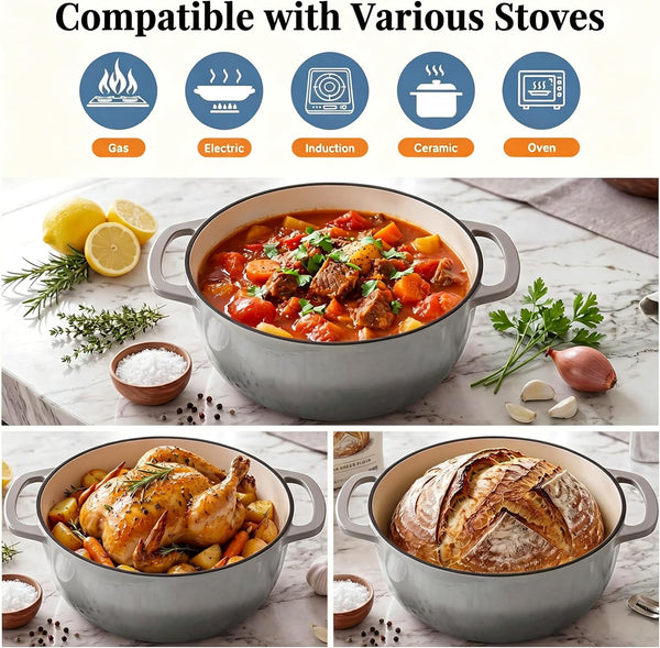 Enameled Cast Iron Dutch Oven, 6 Quart Pot & Dual Handles, Oven Safe up to 500°F, Perfect for Bread Baking, Braising, Stewing & Roasting, Gray6
