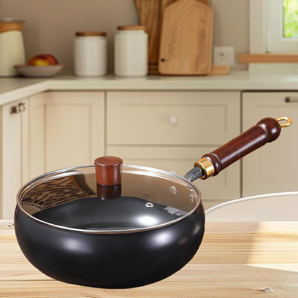 Flat Bottom Wok Sturdy Stir Fry Pan Comfortable Handle without Coated Cookware Cooking Pot for Hotel Camping Home Kitchen Restaurant, Glass Lid4
