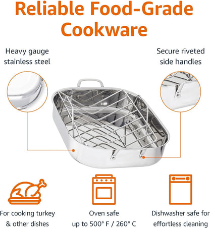 Stainless Steel Rectangular Roasting Pan with Rack, Turkey Roaster, Dishwasher Safe, Easy to Clean, Oven Safe, 16 In2