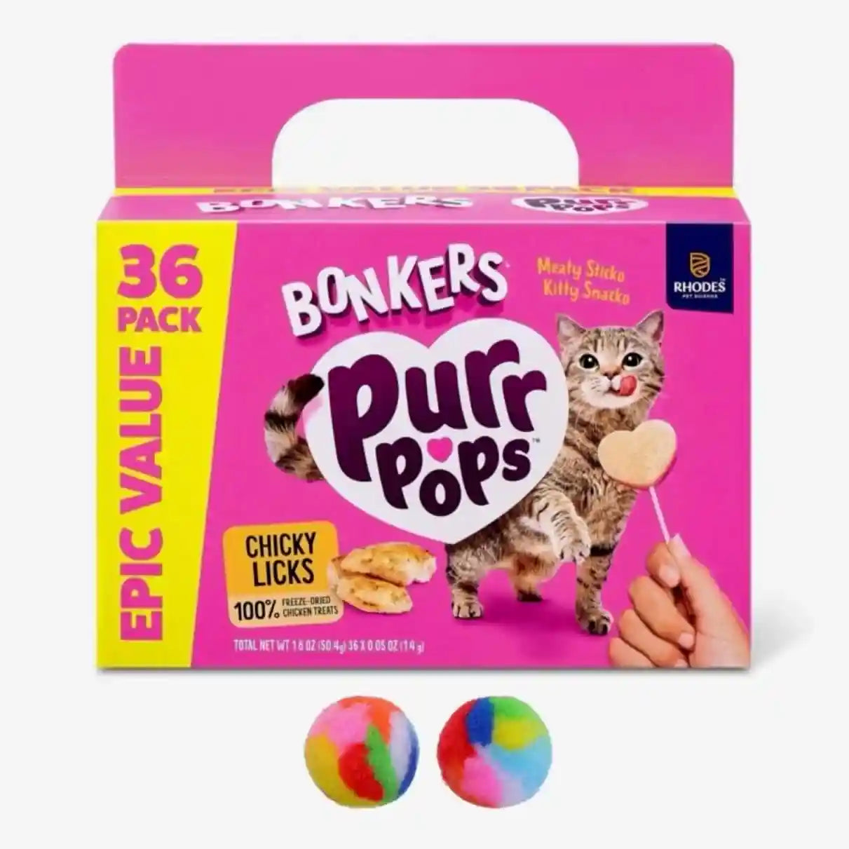 bonkers-purrpops-freeze-dried-chicken-flavored-lollipop-cat-treats-36-pk-with-2-pom-pom-cat-toys-balls