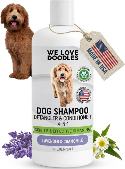 Dog Shampoo, Conditioner & Detangler, Hypoallergenic Tearless Lavender 16OZ | for Sensitive Itchy Skin, Best Shampoo for Smelly Dogs, Goldendoodle, Poodle & Doodle, Puppy Pet Wash Soap, USA Made, 4-In-11