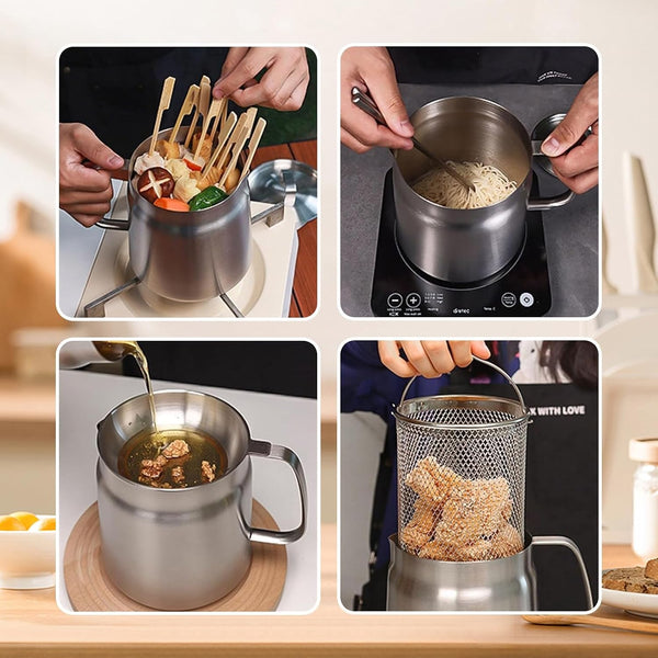 68Oz 304 Stainless Steel Deep Fryer Pot with Basket & Strainer, Large Capacity Bacon Grease Container for Kitchen,Frying, Cooking, Camping,Oil Filter Container - Dishwasher Safe (68Oz/2L/2.1Qt)3