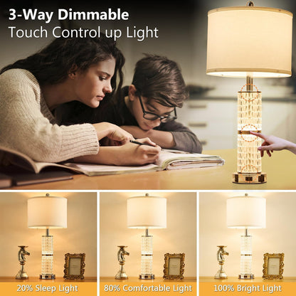 Crystal Table Lamps Bedside for Living Room Bedroom with USB Ports | 3-Way Dimmable Touch Control, Night Light for Nightstand Bedside Lamp, AC Outlets, White Fabric Shade, 27In Morden Lamp2