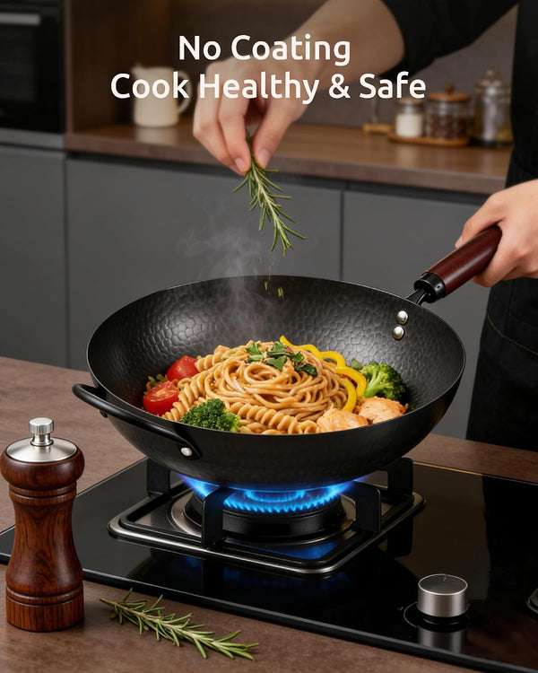 Wok Pan, Carbon Steel Wok, Woks & Stir-Fry Pans Nonstick, 13 Inch Wok Pan with Wooden Lid, Pre-Seasoned Carbon Steel Cookware, 5.8QT Flat Bottom Chinese Wok Pan, Compatible with All Cooktops2
