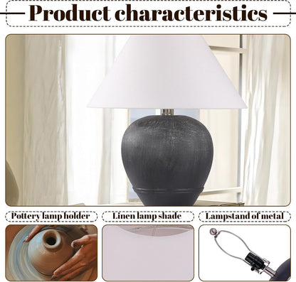 21'' Large Gray Base Ceramic Basin Table Lamp Set of 2 for Bedroom, Living Room, Dining Room, Office, White Shade,White Smudged Black Base3