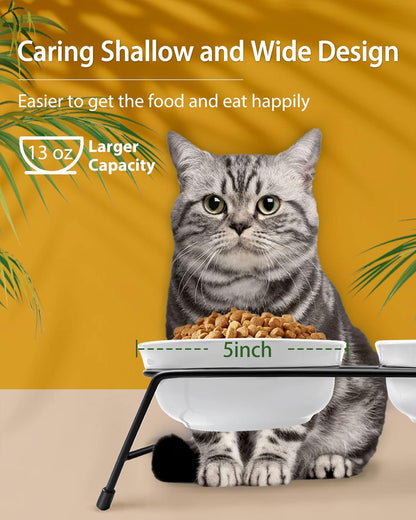 Anti-Vomiting Raised Cat Bowls - 2 × 13 Oz Ceramic Cat Food & Water Bowls with Non-Slip Stainless Steel Stand, Dishwasher Safe for Indoor Cats3