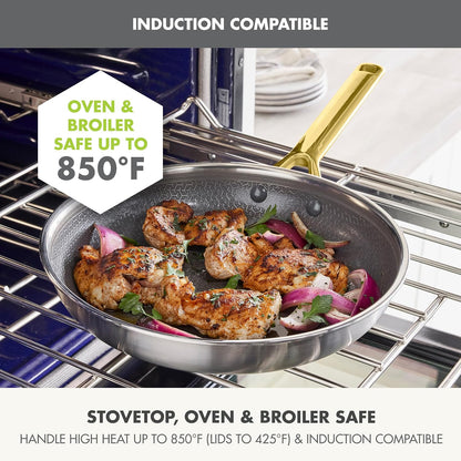 Hybrid 6 Piece (8",10" & 12") Stainless Steel Skillets with Lids | APEX Tri-Ply Frying Pans, Pfas-Free Nonstick, Induction & All Cooktop Compatible, Dishwasher & Oven Safe up to 850F, Gold7