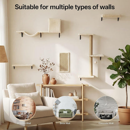 MEWANG 5-In-1 Cat Wall Shelves: Cat Climbing Furniture with Wall Mounted Perch & Lounge for Indoor Cats, Space-Saving Wall Pet Shelves for Play & Rest - Beige6