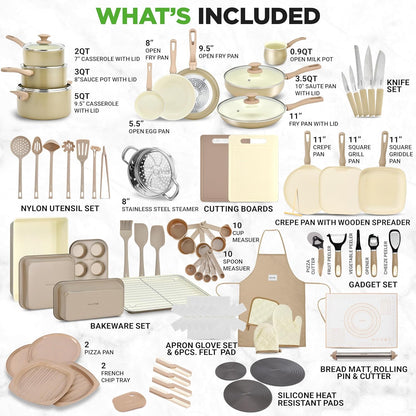 75-Piece Non-Stick Pots and Pans Set, Complete Ceramic Cookware Set with Bakeware, Utensils, Knife Set, & Accessories, Stain-Resistant, Food-Grade Safe, Cream/Brown2