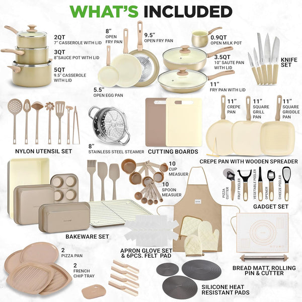 75-Piece Non-Stick Pots and Pans Set, Complete Ceramic Cookware Set with Bakeware, Utensils, Knife Set, & Accessories, Stain-Resistant, Food-Grade Safe, Cream/Brown2
