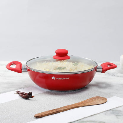 Royal Velvet Non-Stick, Pfoa-Free and Nickel-Free Aluminum Indian Chinese Cuisine Stir Fry Wok with Lid; 26Cm: Red2