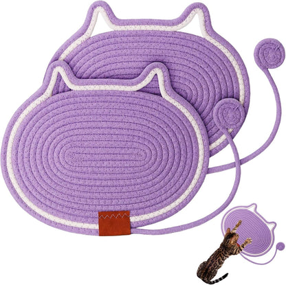 2 PC Cat Scratcher Mat - Natural Cotton Rope Oval Horizontal Scratch Pad (11''X13.7'') with Dangling Ball Toy, Cat Ear Design, Furniture Protector for Floor/Wall, Durable Handmade (Balck, 2 PC)10