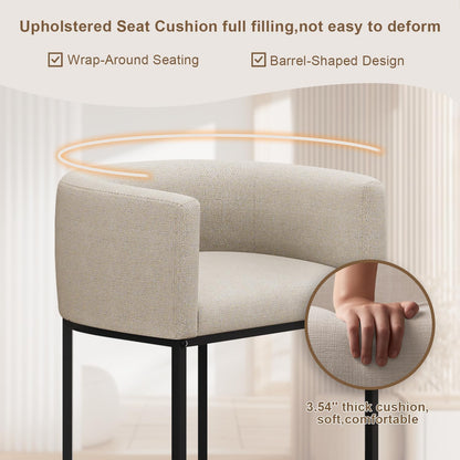 26" H Counter Height Bar Stools Set of 2, Modern Barrel Counter Stools with Backrest and Arms, Linen Fabric Upholstered Accent Barstools for Kitchen Island,Support 450 LBS (Beige)4