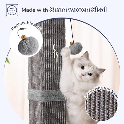 Tall Cat Scratching Post 33” Heavy Duty Sisal Scratcher Post | Modern Cat Scratching Post with Heavy Duty Base for Sturdy, Large 33" Vertical Sisal Rope Post & 2 Cat Toy Balls for Cat-Gray3