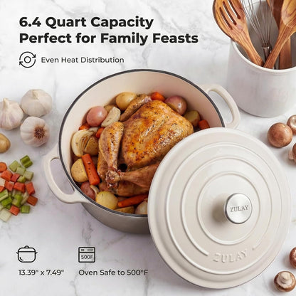 6.4QT Enameled Cast Iron Dutch Oven Pot with Lid, Heavy-Duty Soup Pot for Stews, Braising, Roasting & Sourdough Bread Baking, Oven Safe up to 500°F - White6