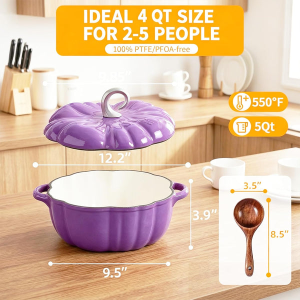 Pumpkin Enamel Cast Iron Dutch Oven 4 QT Cocotte Pot with Lid Dual Handles | Oven Safe up to 500° F or on Stovetop | Heavy-Duty Cookware | Great for Stews & Casseroles | Soup Pot - Serves 3-5 | Orange2