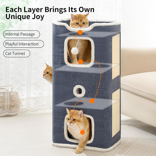 Cat House, Cat Beds for Indoor Cats, 3-Story Cat Condo Cube with Scratch Pad and Fluffy Ball Hanging, Multi-Level Cozy Hideout Center Ideal for Small/Medium Cats2