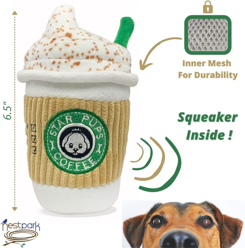 nestpark-parody-star-pups-coffee-dog-toy-pupkin-spice-latte-funny-plush-squeaky-crinkle-dog-toys-for-medium-small-and-large-for-dog-birthday