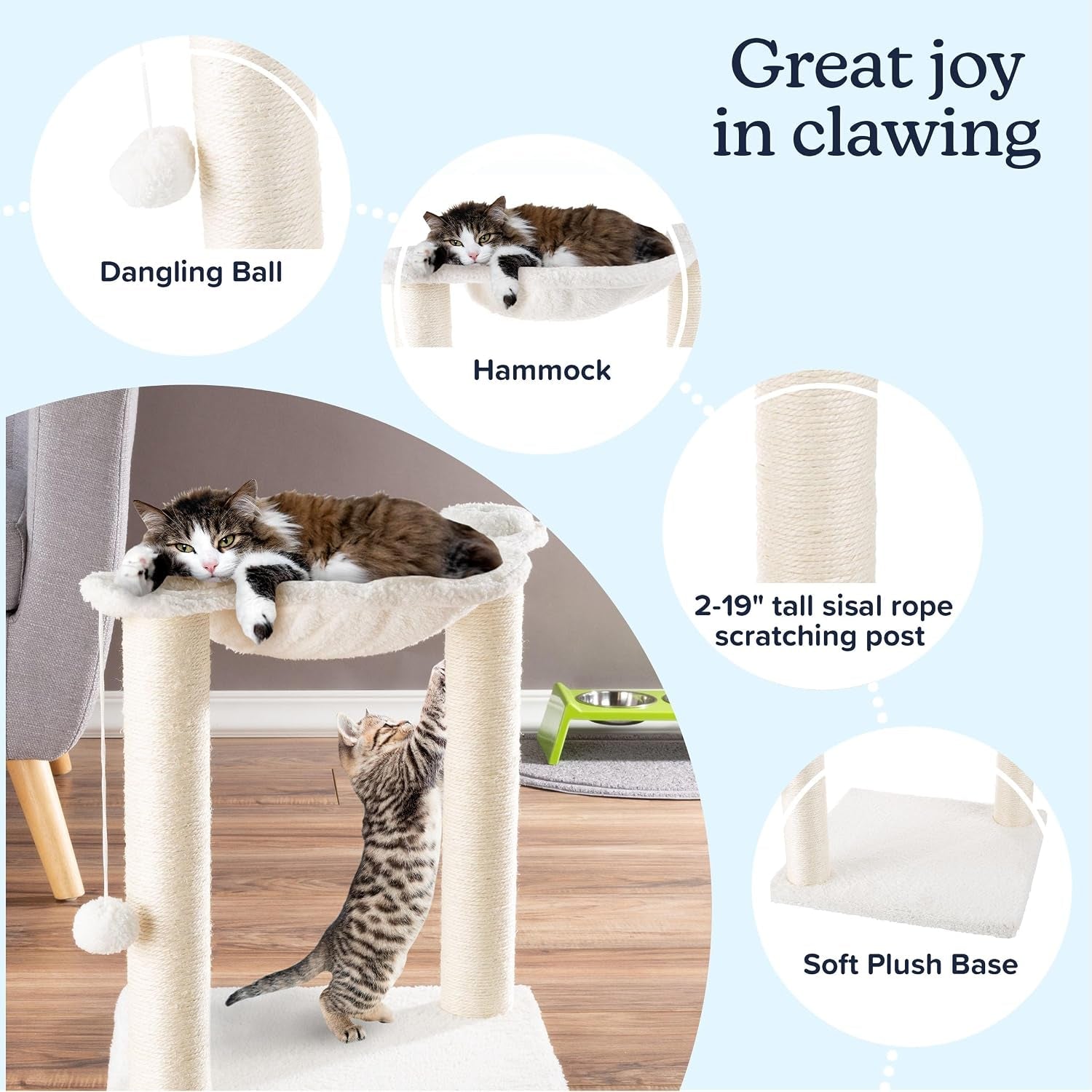 19-inch-cat-scratching-post-with-hammock-sisal-fabric-and-carpet-small-cat-tree-hanging-ball-toy-for-adult-cats-and-kittens-by-petmaker-white
