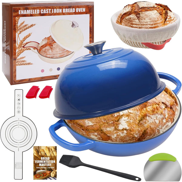 6QT Enameled Cast Iron Dutch Oven for Bread Baking – Sourdough Starter Kit with Cotton Basket, Bread Sling, Lame, Brush & Handle Cover – Multi-Purpose Pot for Baking, Frying, Braising – Blue1