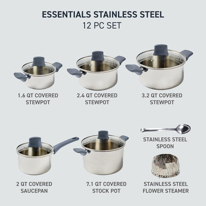 Essentials Stainless Steel Cookware Set 12 Piece, Induction Compatible, Oven Safe 350F, Cooking Set W/Stewpots, Stockpot, Saucepan, Lids & Tools, Measuring Marks, Dishwasher Safe, Silver/Blue2