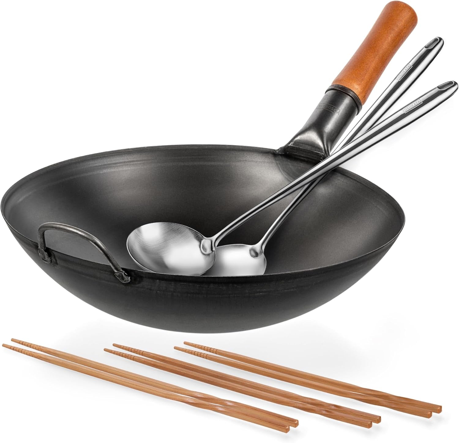 carbon-steel-woks-and-stir-fry-pans-14-17-wok-spatula-and-ladle-reusable-natural-wooden-long-cooking-chopsticks-set-of-3-pairs