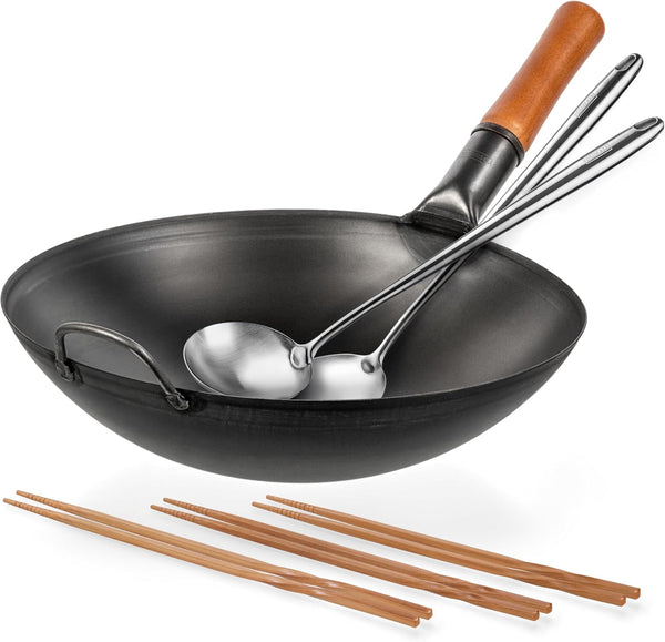 Carbon Steel Woks and Stir Fry Pans 14" + 17’’ Wok Spatula and Ladle + Reusable Natural Wooden Long Cooking Chopsticks Set of 3 Pairs1