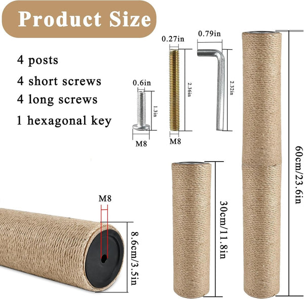 4 Pcs Cat Scratching Post Replacement, Natural Jute Pole Cat Tree Replacement Parts, Cat Scratch Pole with 8 M8 Screws and 1 Wrench for Indoor Kittens Tower (11.8 X 3.3 In)2
