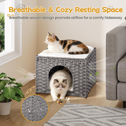 Snughome Handwoven Rattan Cat House - Indoor Foldable Cat Bed Cave with 2 Removable Bed Mats, Large Kitten House, Hideaway Pet Cube, 16.54 X 16.54 X 12.6 Inches, Grey, for Living Room & Bedroom5