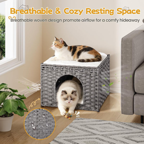 Snughome Handwoven Rattan Cat House - Indoor Foldable Cat Bed Cave with 2 Removable Bed Mats, Large Kitten House, Hideaway Pet Cube, 16.54 X 16.54 X 12.6 Inches, Grey, for Living Room & Bedroom5