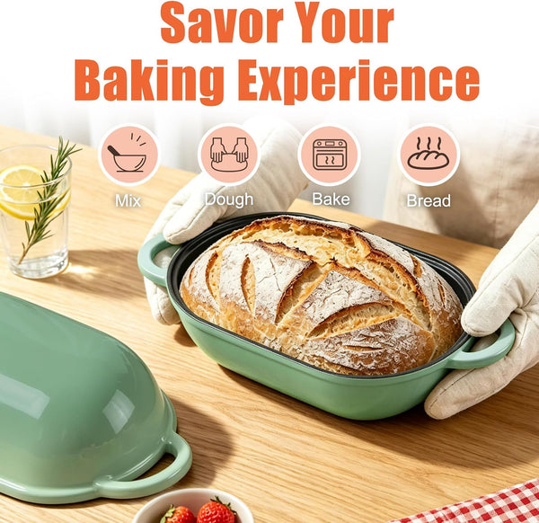5 QT Enameled Cast Iron Sourdough Bread Oven, Loaf Pan with Lid | Oval Dutch Oven for Homemade Sourdough Bread Baking, Oven Safe up to 500°F, Meatloaf Pan with Dome Lid, Fig Green7