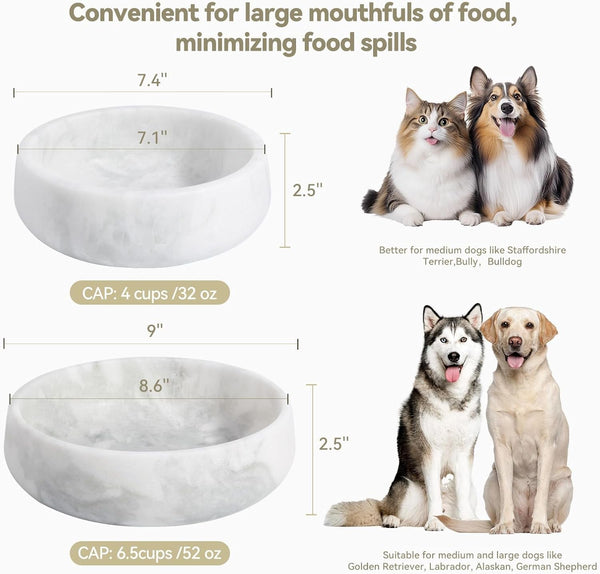 White Marble Dog Bowls, Non-Slip Dog Food Water Bowl Small, Heavy Duty Pet Bowl for Cats and Medium Dogs, Weighted African Natural Marble, Holds 4 Cups(5Lbs)4