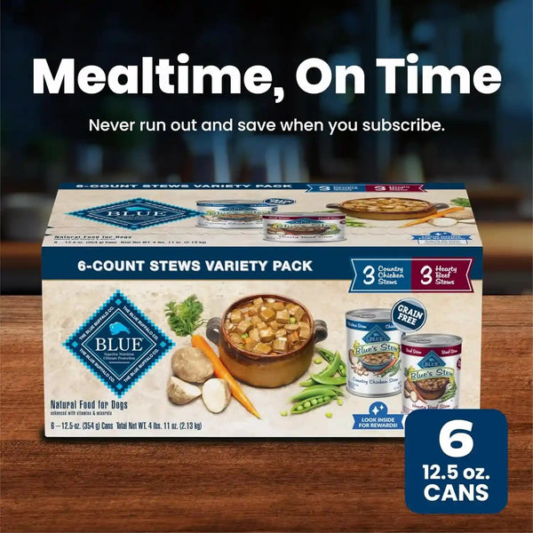 Blue Buffalo Blue’S Stew Variety Pack Hearty Beef & Country Chicken Stew Natural Grain Free Wet Dog Food with Real Meat in Thick Savory Gravy, Natural Ingredients, 12.5-Oz Cans (6 Count)10
