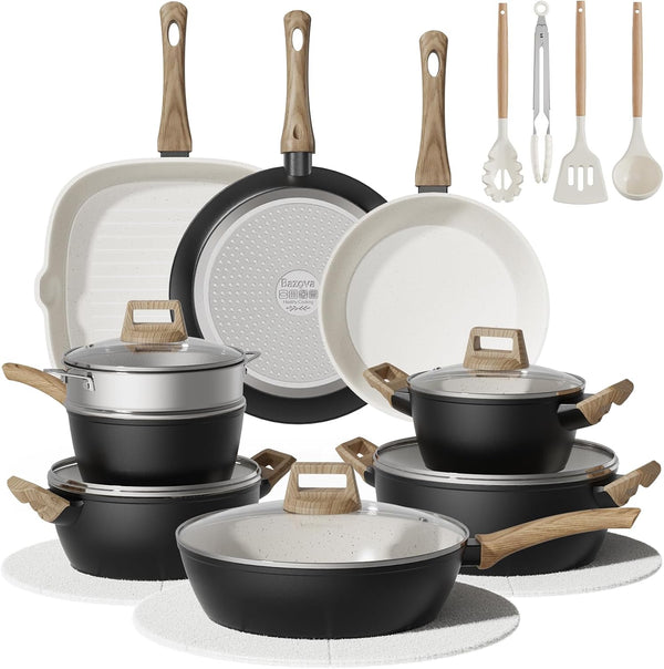 24Pcs Pots and Pans Set Non Stick,Ceramic Cookware Set with Titanium-Reinforced Nonstick Coating,Long-Lasting,Pfas-Free,Induction Compatible,Full Kitchen Set with 3 Stock Pots for Family Cooking,Black1