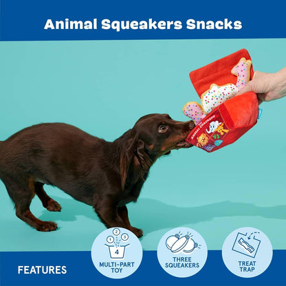 Barkbox Animal Squeakers 4-In-1 Interactive Plush Dog Toy - Squeaky Dog Toys with Crinkle Box and Treat-Hiding - for Extra Small to Small Dogs and Puppies3