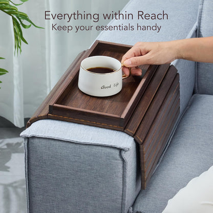 DETOR Couch Arm Tray with Spacious 12.4" X 5.4" Storage Box, Walnut Bamboo Finish, Enhanced Non-Slip Felt Bottom, Sturdy Bamboo Slats, Fits Armrests 6" and Wider2