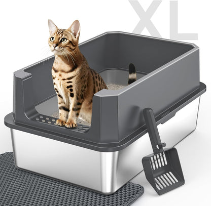 Stainless Steel Litter Box, Extra Large Litter Boxes for Big Cats, Xlarge Metal Cat Litter Box with Lid, Anti-Urine Leakage XL Box with High Sides, Easy Clean, Non-Sticky, Scoop Included1