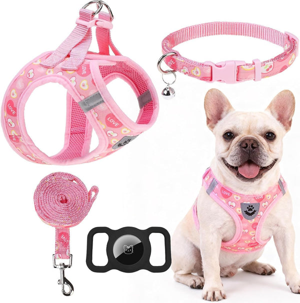 EXPAWLORER Plaid Small Dog Harness and Leash Set with Airtag Holder - No Pull Soft Padded Step in Dog Vest Harness Medium Sized Dog, Reflective Puppy Harness, Collar and Leash for Walking, Khaki S39