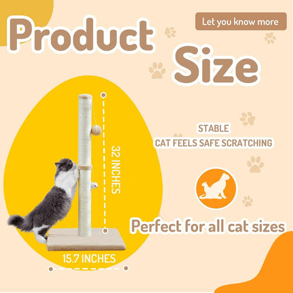 Meowhomm 32” Tall Cat Scratching Posts for Indoor Cats Adults with 2 Hanging Ball, Large Cat Scratch Post Cat Scratcher Includes Sisal Rope(Yellow)5